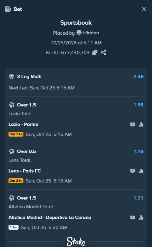 Bet slip: Lazio - Parma, $10,000.00 stake at 1.58 odds, placed by roha1292