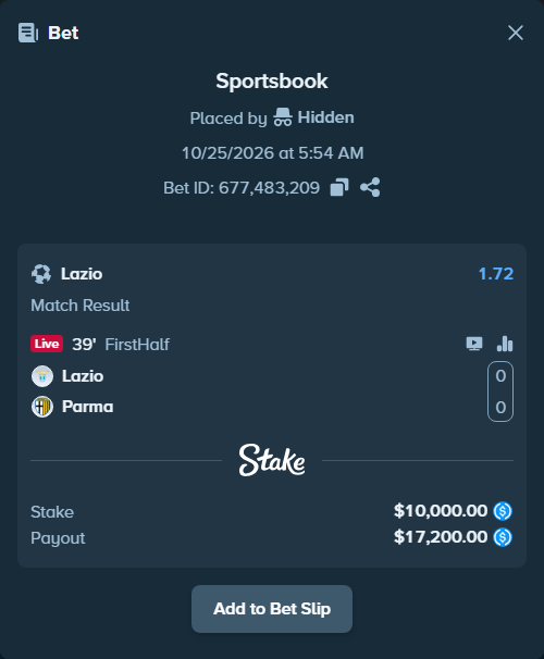 Bet slip: Lazio - Parma, $10,000.00 stake at 1.72 odds, placed by MrBigMG