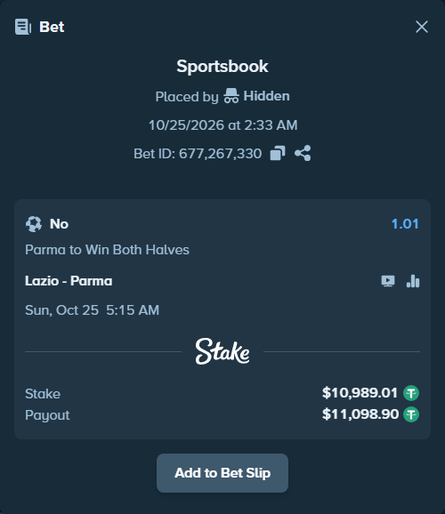 Bet slip: Lazio - Parma, $11,000.00 stake at 1.01 odds, placed by Deb188