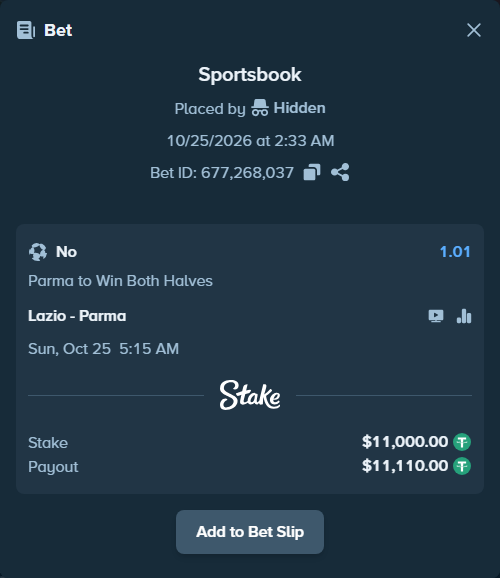 Bet slip: Lazio - Parma, $11,011.00 stake at 1.01 odds, placed by MitchellWit