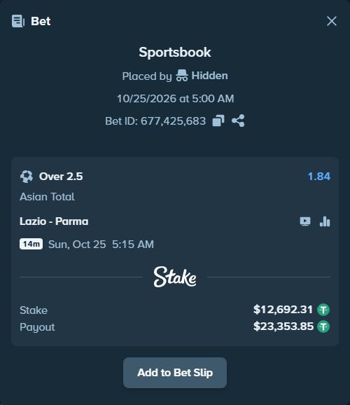 Bet slip: Lazio - Parma, $12,705.00 stake at 1.84 odds, placed by bartex34