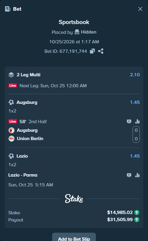 Bet slip: Lazio - Parma, $15,000.00 stake at 1.45 odds, placed by ArdianHertica