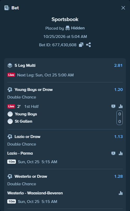 Bet slip: Lazio - Parma, $15,116.26 stake at 1.13 odds, placed by Jordann90