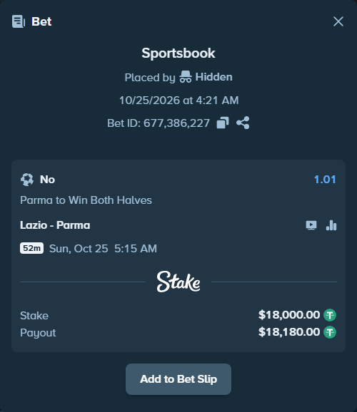 Bet slip: Lazio - Parma, $18,018.00 stake at 1.01 odds, placed by floutp451