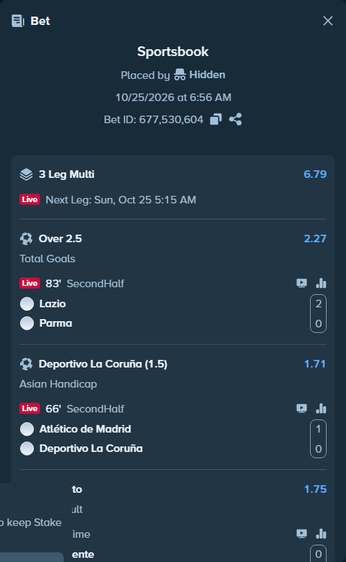 Bet slip: Lazio - Parma, $19,519.50 stake at 2.27 odds, placed by TonyJaaVIP