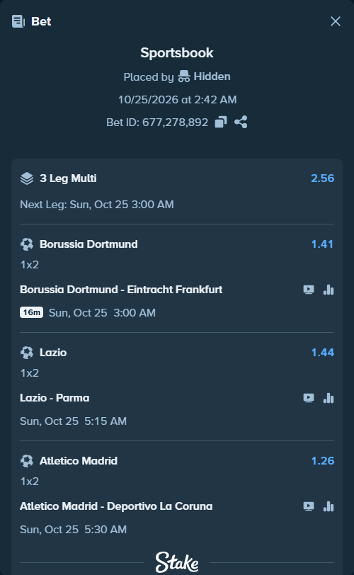 Bet slip: Lazio - Parma, $19,626.61 stake at 1.44 odds, placed by Hidden