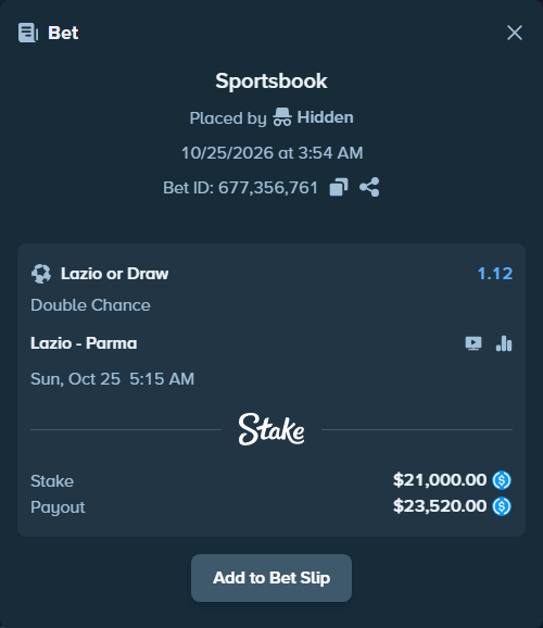 Bet slip: Lazio - Parma, $21,000.00 stake at 1.12 odds, placed by Lefzinatoren