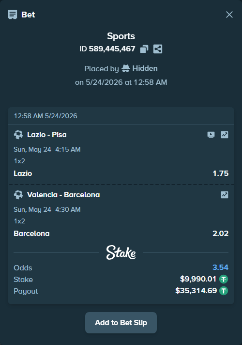 Bet slip: Lazio - Pisa, $10,000.00 stake at 1.75 odds, placed by Hidden