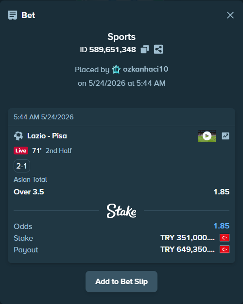 Bet slip: Lazio - Pisa, $10,530.00 stake at 1.85 odds, placed by ozkanhaci10