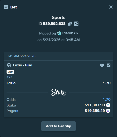 Bet slip: Lazio - Pisa, $9,939.90 stake at 1.70 odds, placed by Pierob76