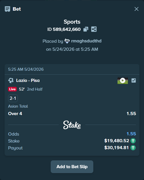 Bet slip: Lazio - Pisa, $19,500.00 stake at 1.55 odds, placed by rmaghsdudthd