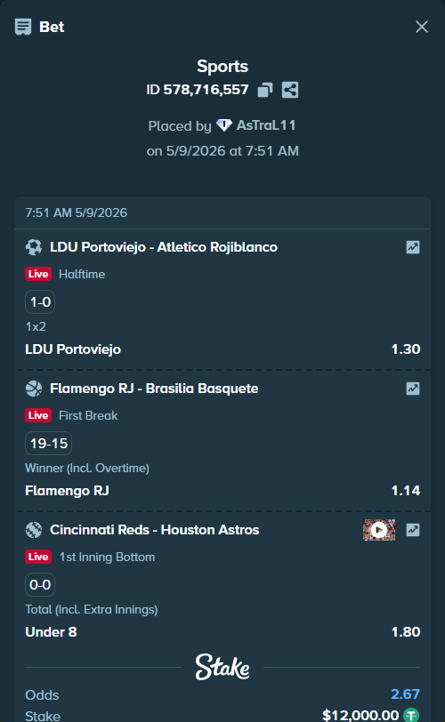 Bet slip: LDU Portoviejo - Atletico Rojiblanco, $12,000.00 stake at 1.30 odds, placed by AsTraL11