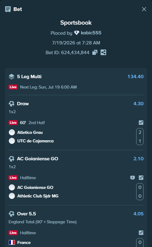 Bet slip: LDU Quito - Leones Futbol Club, $10,793.28 stake at 1.75 odds, placed by kabic555