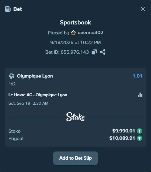 Bet slip: Le Havre AC - Olympique Lyon, $10,000.00 stake at 1.01 odds, placed by auerma302