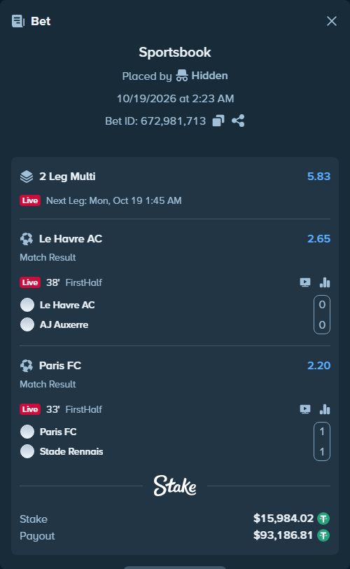 Bet slip: Le Havre - Auxerre, $16,000.00 stake at 2.65 odds, placed by Hidden