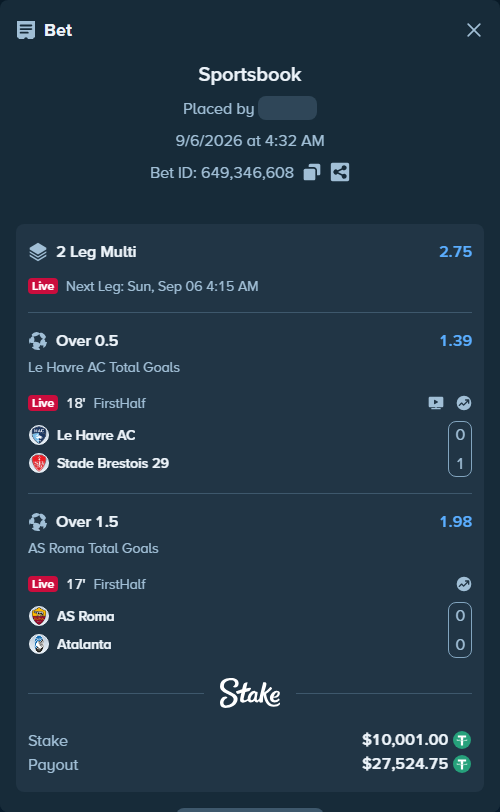 Bet slip: Le Havre - Brest, $10,000.00 stake at 1.39 odds, placed by roha1292