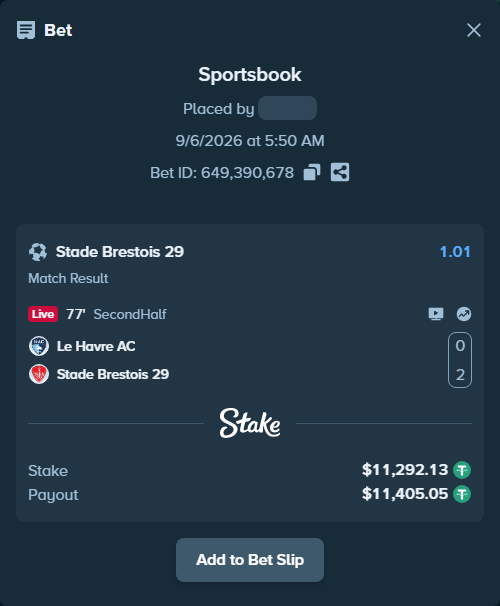Bet slip: Le Havre - Brest, $11,291.00 stake at 1.01 odds, placed by Amirmhd99