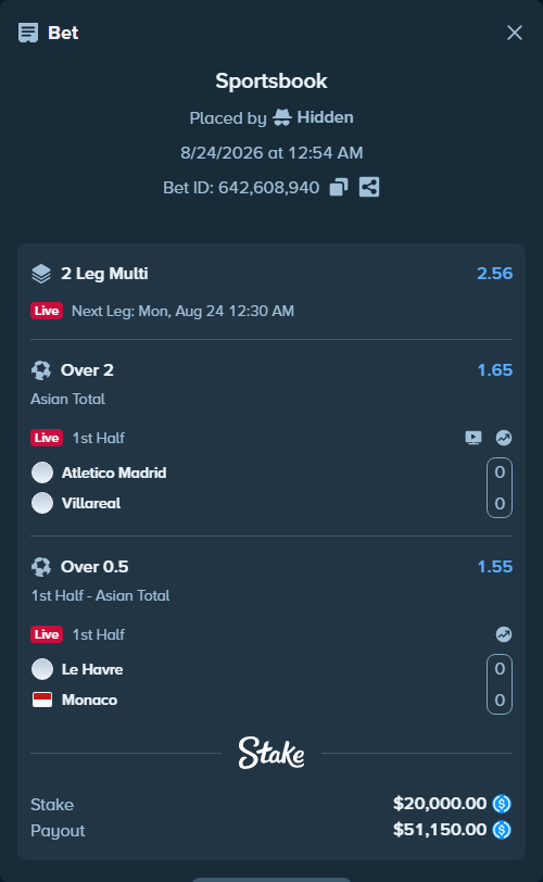 Bet slip: Le Havre - Monaco, $20,000.00 stake at 1.55 odds, placed by Hidden