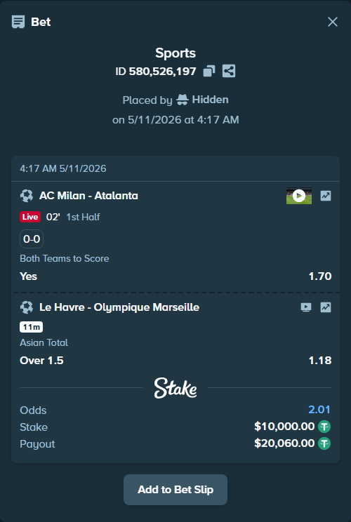 Bet slip: Le Havre - Olympique Marseille, $10,000.00 stake at 1.18 odds, placed by Hidden