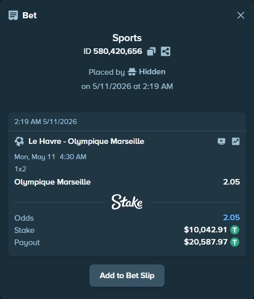 Bet slip: Le Havre - Olympique Marseille, $10,042.91 stake at 2.05 odds, placed by Hidden