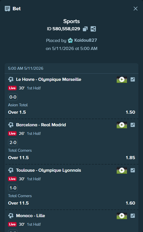 Bet slip: Le Havre - Olympique Marseille, $15,000.00 stake at 1.50 odds, placed by Kaidou827