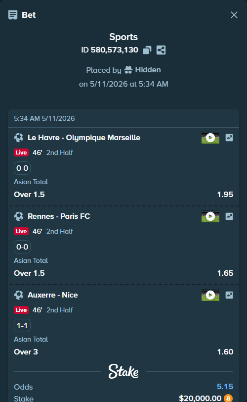 Bet slip: Le Havre - Olympique Marseille, $15,777.16 stake at 1.95 odds, placed by Hidden