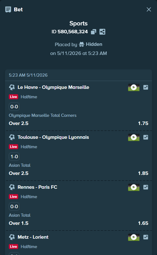 Bet slip: Le Havre - Olympique Marseille, $27,587.57 stake at 1.75 odds, placed by Hidden