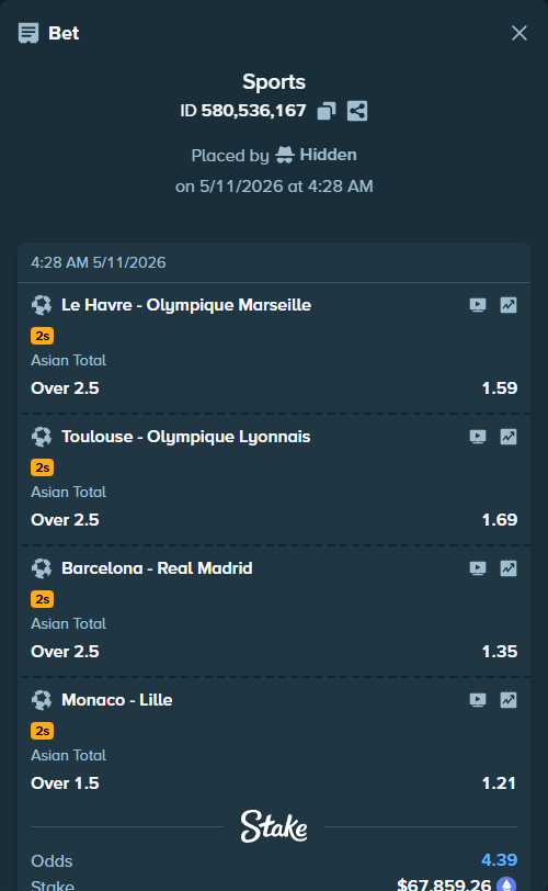 Bet slip: Le Havre - Olympique Marseille, $49,884.31 stake at 1.59 odds, placed by Hidden
