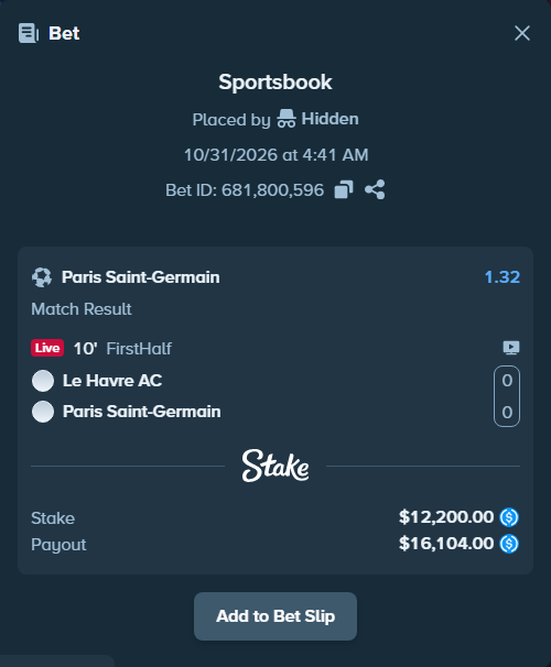 Bet slip: Le Havre - Paris Saint Germain, $12,200.00 stake at 1.32 odds, placed by PicoAndres
