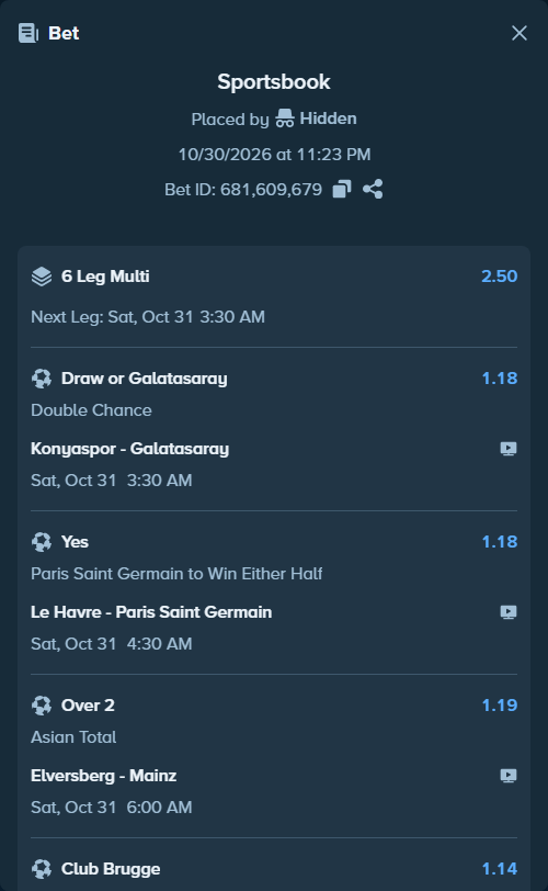 Bet slip: Le Havre - Paris Saint Germain, $20,000.00 stake at 1.18 odds, placed by Hidden