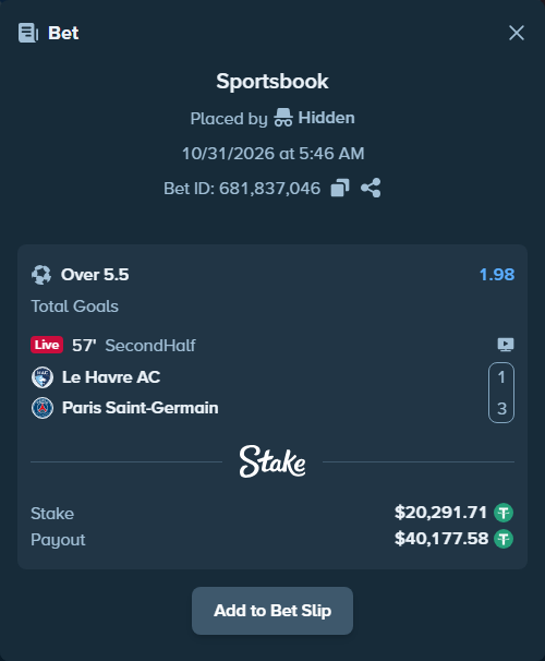 Bet slip: Le Havre - Paris Saint Germain, $20,312.00 stake at 1.98 odds, placed by Hidden