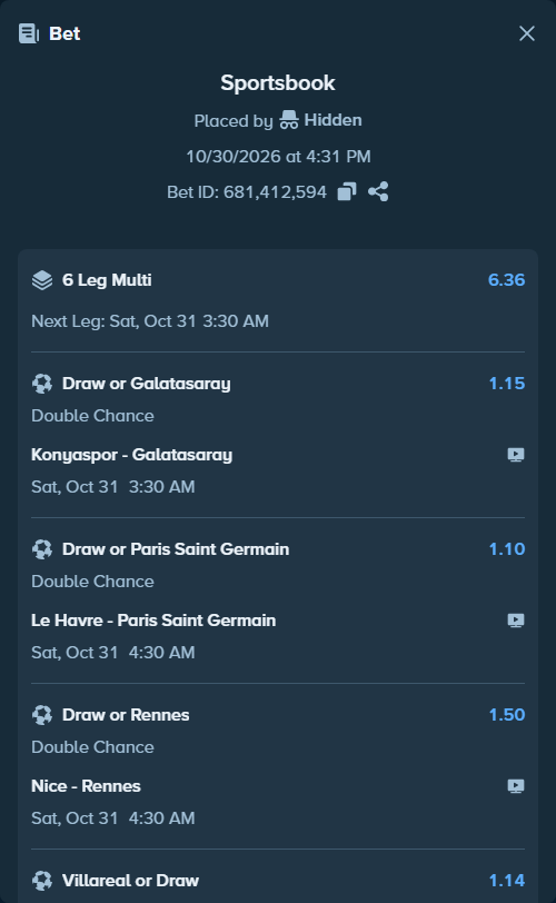 Bet slip: Le Havre - Paris Saint Germain, $75,850.00 stake at 1.10 odds, placed by Hidden
