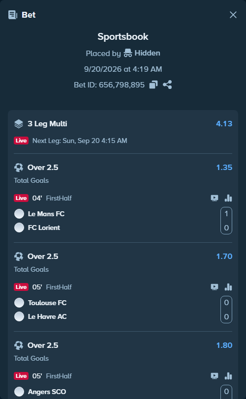 Bet slip: Le Mans - Lorient, $10,000.00 stake at 1.35 odds, placed by Hidden