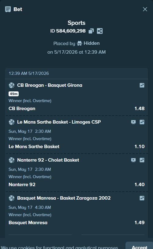 Bet slip: Le Mans Sarthe Basket - Limoges CSP, $10,010.00 stake at 1.10 odds, placed by Kukureco