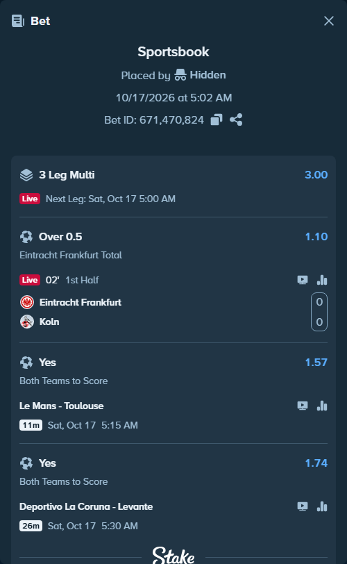 Bet slip: Le Mans - Toulouse, $10,004.53 stake at 1.57 odds, placed by Hidden