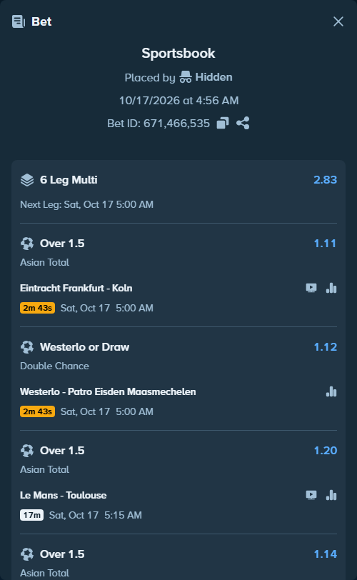 Bet slip: Le Mans - Toulouse, $14,999.00 stake at 1.20 odds, placed by SH7N28