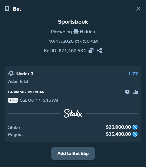 Bet slip: Le Mans - Toulouse, $20,000.00 stake at 1.77 odds, placed by lowkeyrin