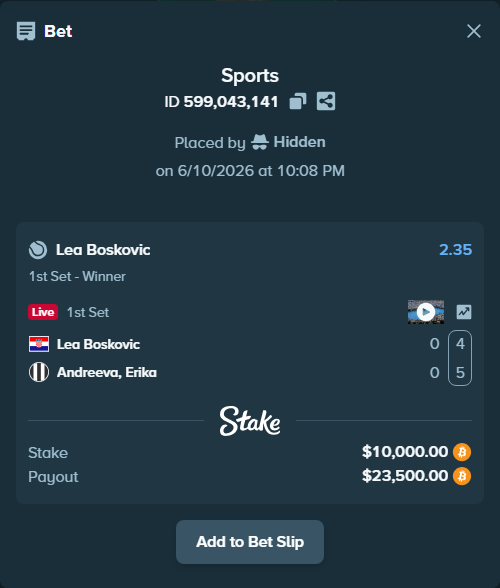 Bet slip: Lea Boskovic - Andreeva, Erika, $10,537.25 stake at 2.35 odds, placed by Hidden