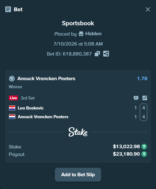 Bet slip: Lea Boskovic - Anouck Vrancken Peeters, $13,036.00 stake at 1.78 odds, placed by Hidden