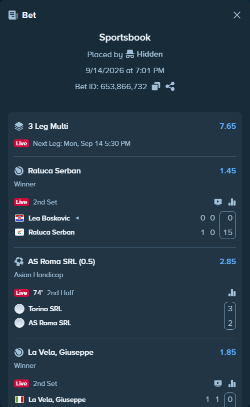 Bet slip: Lea Boskovic - Raluca Serban, $10,000.00 stake at 1.45 odds, placed by Hidden