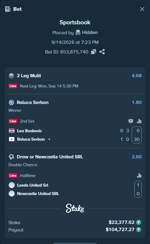 Bet slip: Lea Boskovic - Raluca Serban, $22,400.00 stake at 1.80 odds, placed by Hidden
