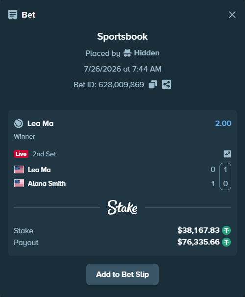Bet slip: Lea Ma - Alana Smith, $38,206.00 stake at 2.00 odds, placed by Hidden
