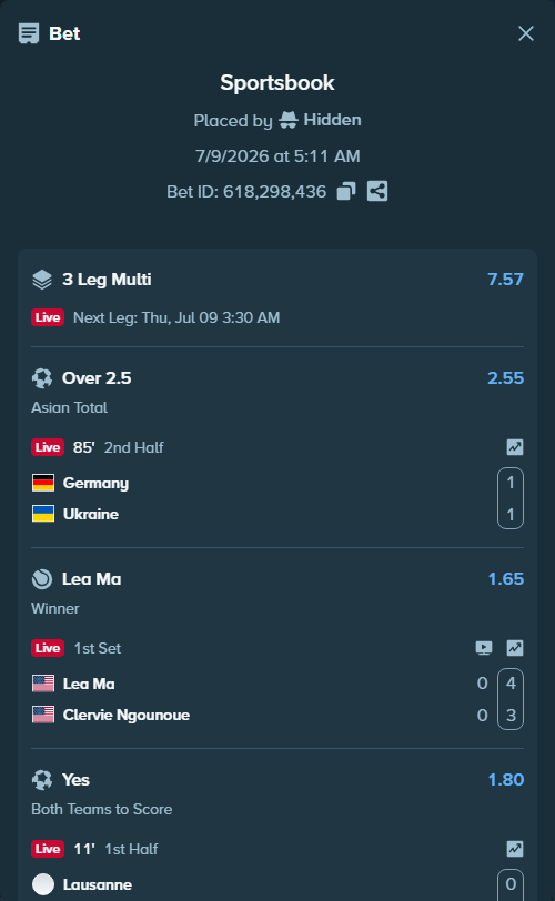 Bet slip: Lea Ma - Clervie Ngounoue, $10,000.00 stake at 1.65 odds, placed by Hidden