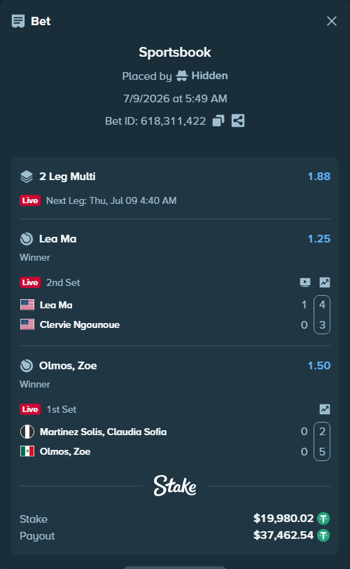 Bet slip: Lea Ma - Clervie Ngounoue, $20,000.00 stake at 1.25 odds, placed by Hidden