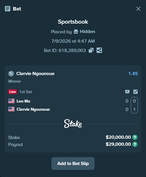 Bet slip: Lea Ma - Clervie Ngounoue, $20,020.00 stake at 1.45 odds, placed by Hidden