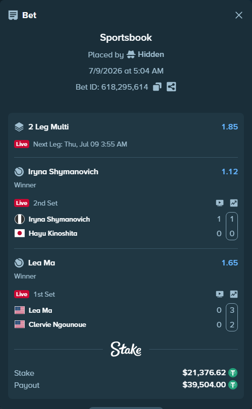 Bet slip: Lea Ma - Clervie Ngounoue, $21,398.00 stake at 1.65 odds, placed by Hidden