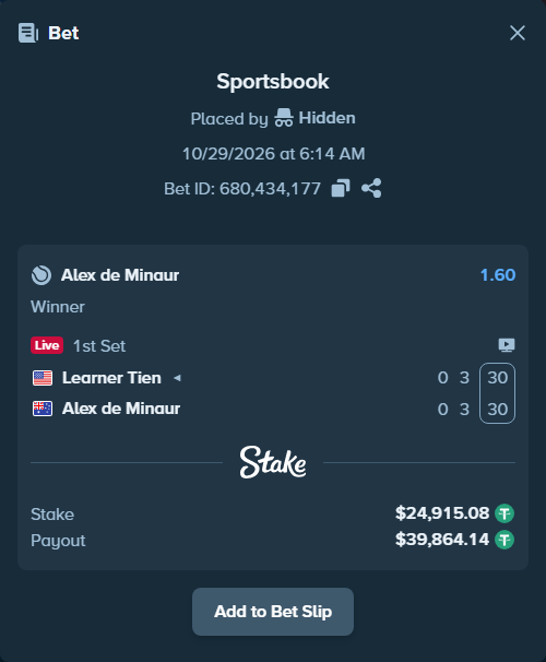 Bet slip: Learner Tien - Alex de Minaur, $24,940.00 stake at 1.60 odds, placed by Hidden