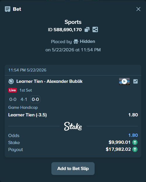 Bet slip: Learner Tien - Alexander Bublik, $10,000.00 stake at 1.80 odds, placed by Hidden