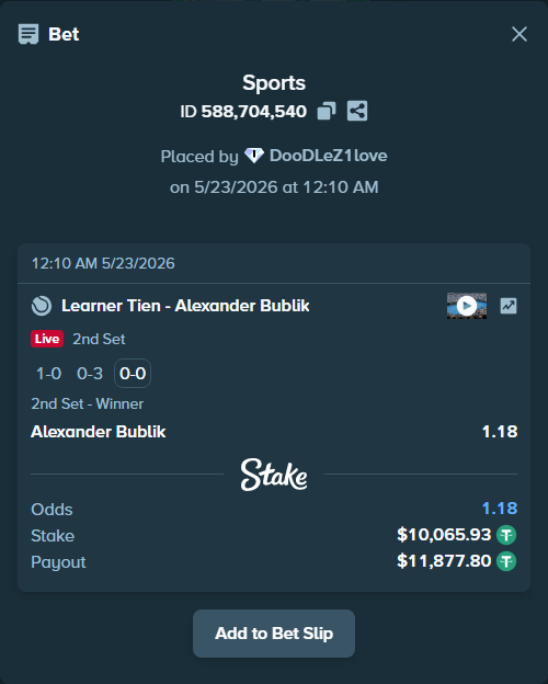 Bet slip: Learner Tien - Alexander Bublik, $10,076.00 stake at 1.18 odds, placed by DooDLeZ1love