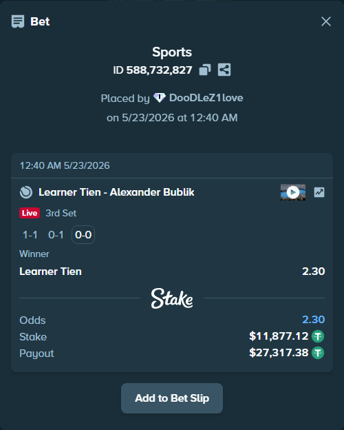 Bet slip: Learner Tien - Alexander Bublik, $11,889.00 stake at 2.30 odds, placed by DooDLeZ1love